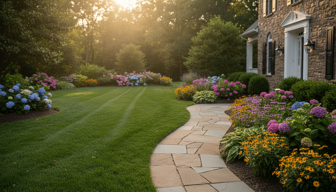 Professional landscaping with manicured lawn, flower beds, and stone patio at a Ridley Park home