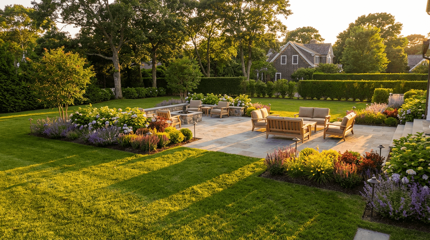General Landscaping owner standing in a finished residential yard with newly installed hardscaping and planting beds