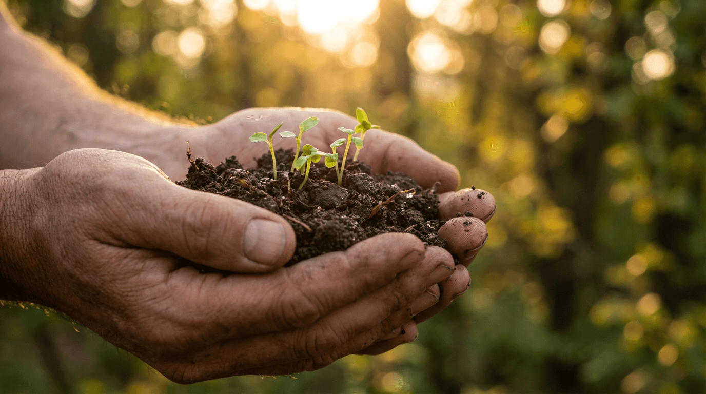 Landscaper's hands holding fresh seedlings and soil over a wooden potting table